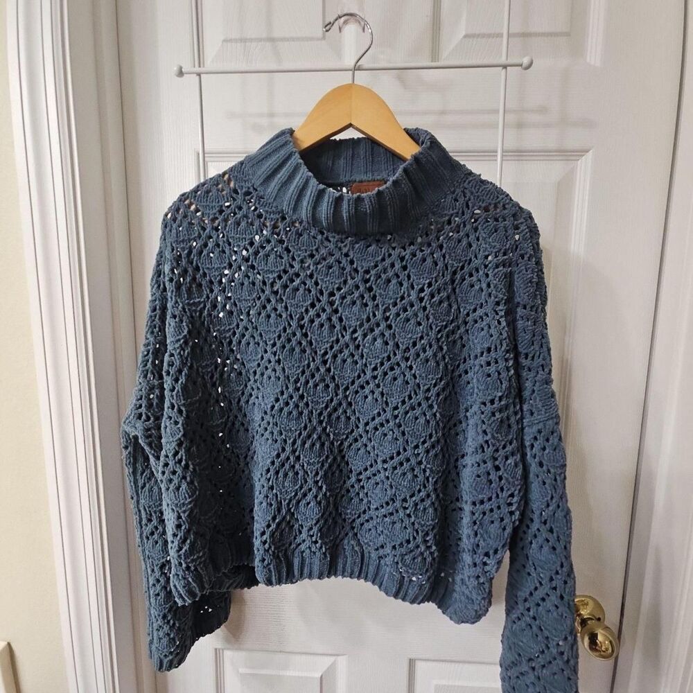 POL Chenille Open Knit Mock Neck Cropped Sweater